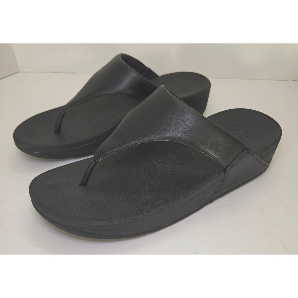 FitFlop Lulu Leather Toe-Post Wedge Thong Sandals Black Womens 8 Comfort Ergo